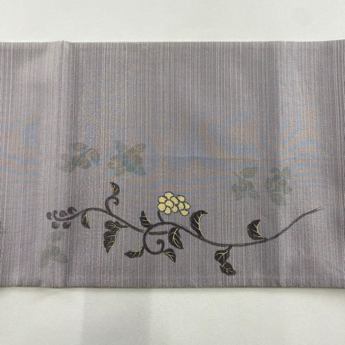 【美品】 袋帶 名品級 落款 葡萄 銀線 灰紫色 お太鼓圖案 純蠶絲