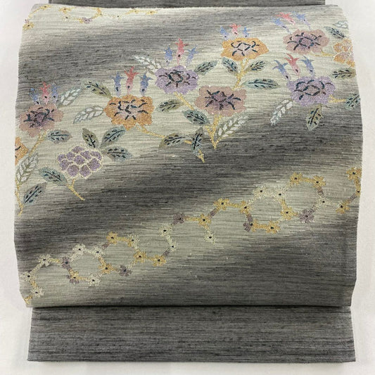 【美品】 袋帶 名品級 大和 草花紋 金銀彩 金金箔 灰色 大鼓圖案 純蠶絲