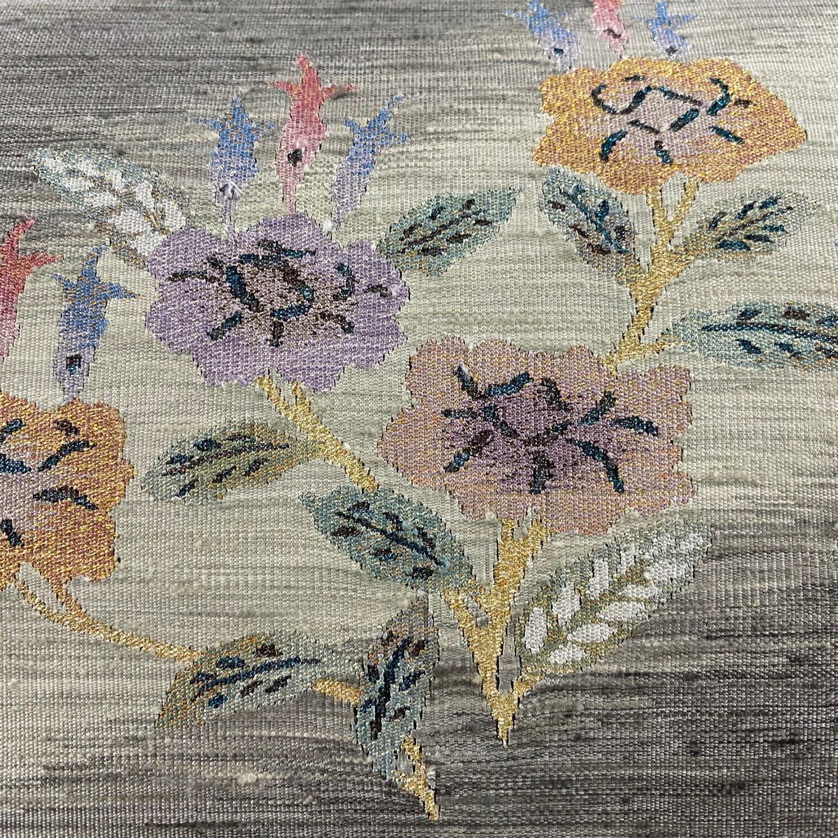 【美品】 袋帶 名品級 大和 草花紋 金銀彩 金金箔 灰色 大鼓圖案 純蠶絲