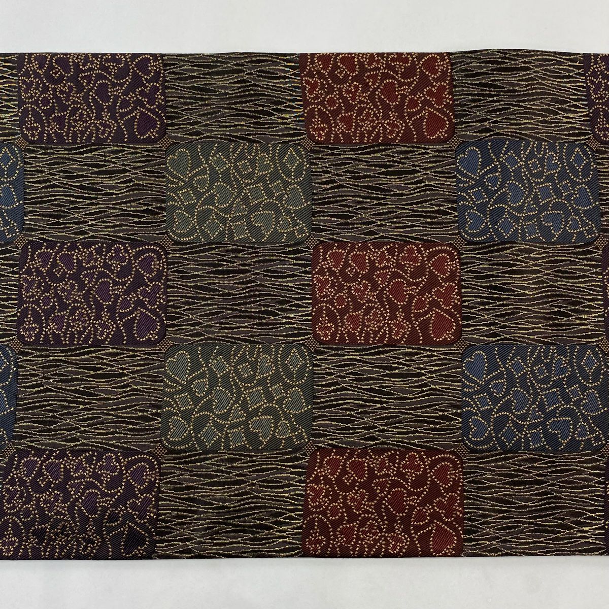【美品】 袋帶 名品級 幾何學 斜紋 金絲 茶紫 六通 純蠶絲
