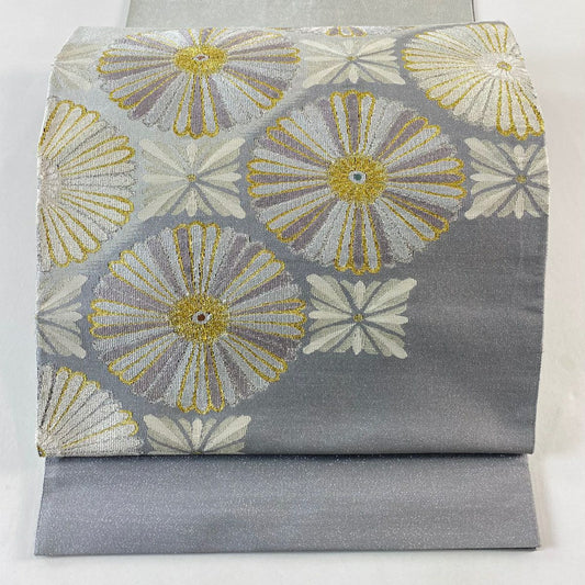 【美品】 袋帶 名品級 大和 雙面 花朵 斜條 銀線 金金箔 灰色 大鼓圖案 純蠶絲