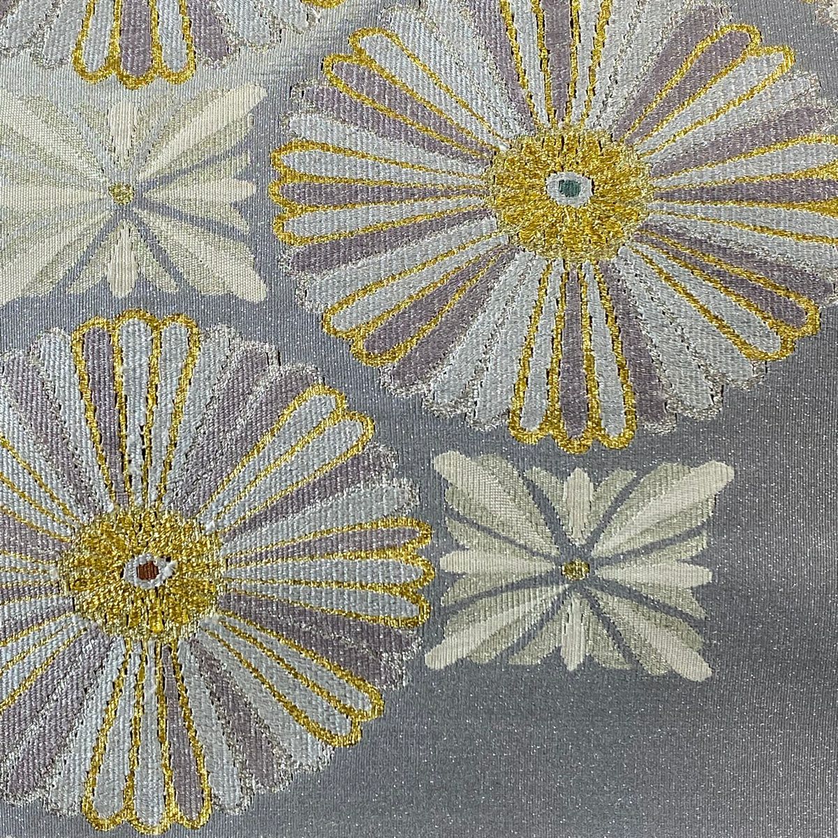 【美品】 袋帶 名品級 大和 雙面 花朵 斜條 銀線 金金箔 灰色 大鼓圖案 純蠶絲