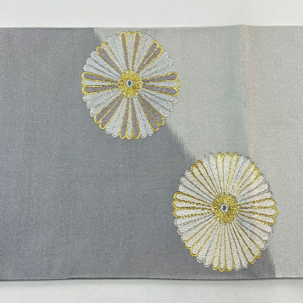 【美品】 袋帶 名品級 大和 雙面 花朵 斜條 銀線 金金箔 灰色 大鼓圖案 純蠶絲