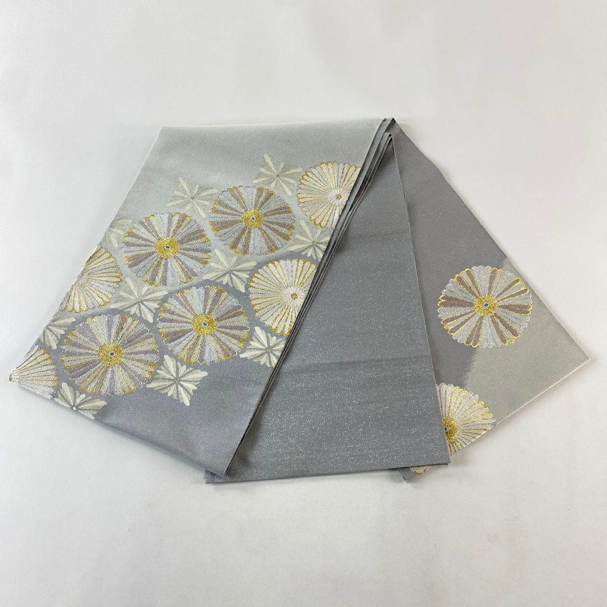 【美品】 袋帶 名品級 大和 雙面 花朵 斜條 銀線 金金箔 灰色 大鼓圖案 純蠶絲