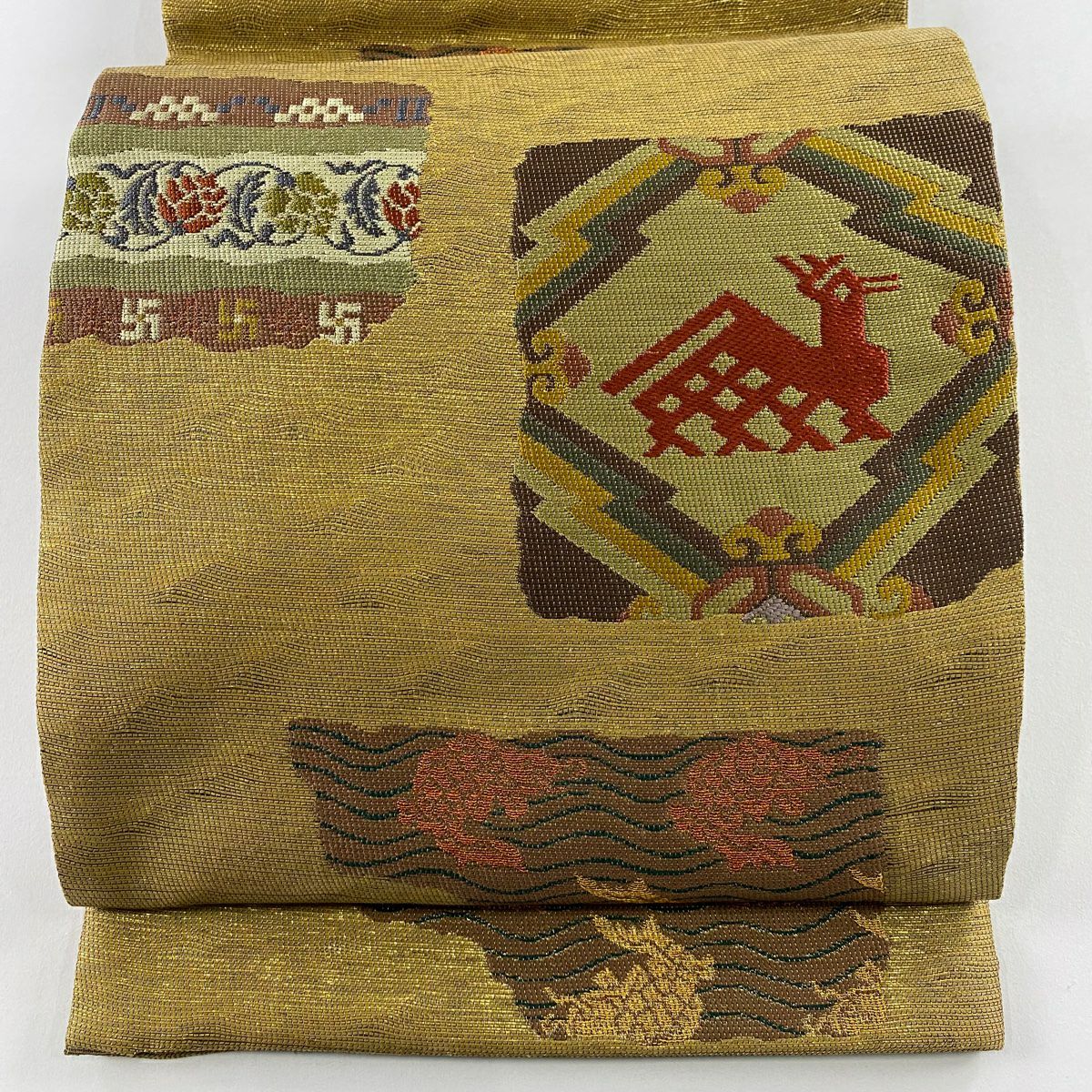 【美品】 袋帶 名品級 有栖川文 荒磯 金絲 金金箔 金茶 六通 純蠶絲