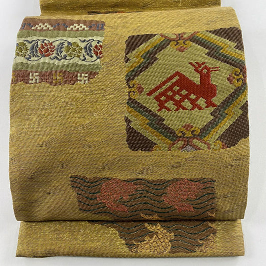 【美品】 袋帶 名品級 有栖川文 荒磯 金絲 金金箔 金茶 六通 純蠶絲
