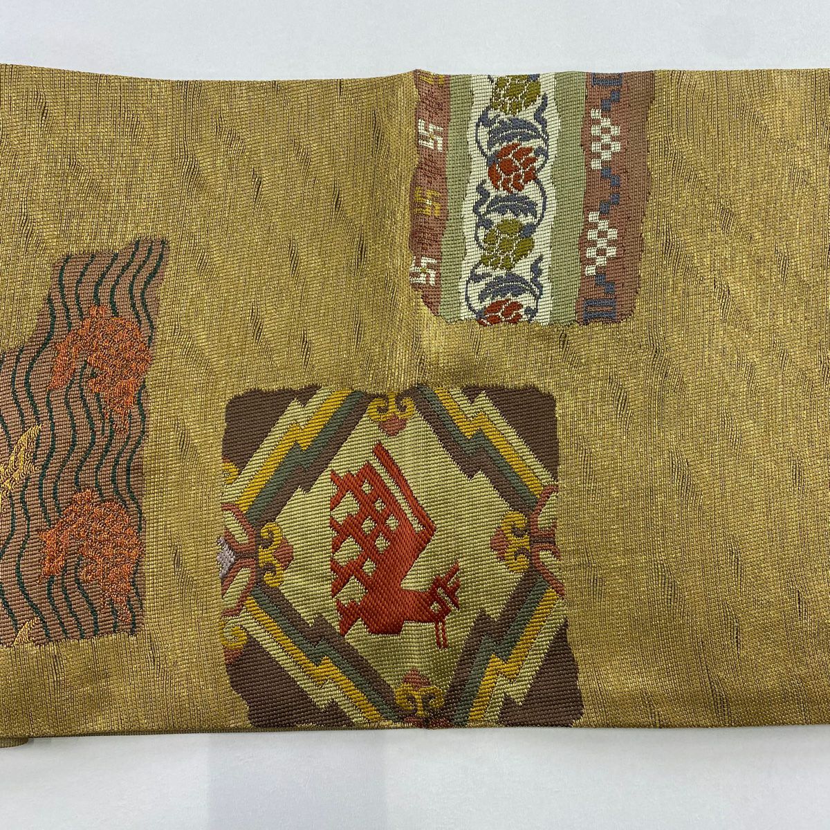 【美品】 袋帶 名品級 有栖川文 荒磯 金絲 金金箔 金茶 六通 純蠶絲