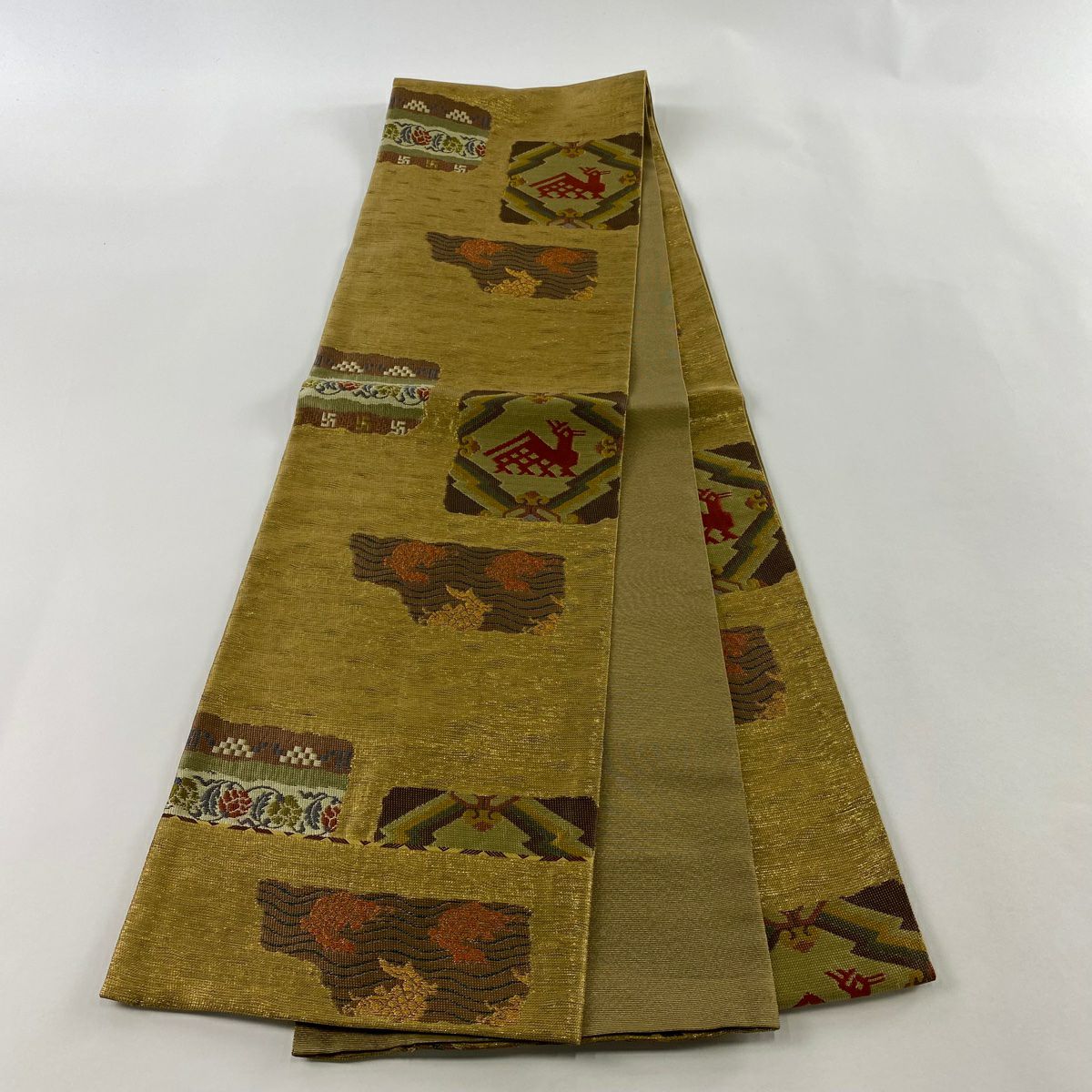 【美品】 袋帶 名品級 有栖川文 荒磯 金絲 金金箔 金茶 六通 純蠶絲