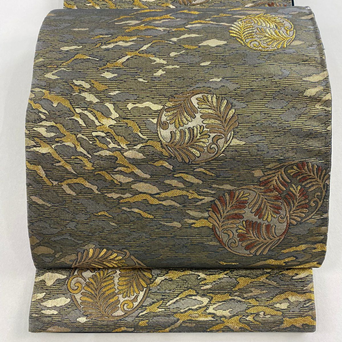 【美品】 袋帶 名品級 若松樹 霞 金絲 金金箔 青灰 六通 純蠶絲