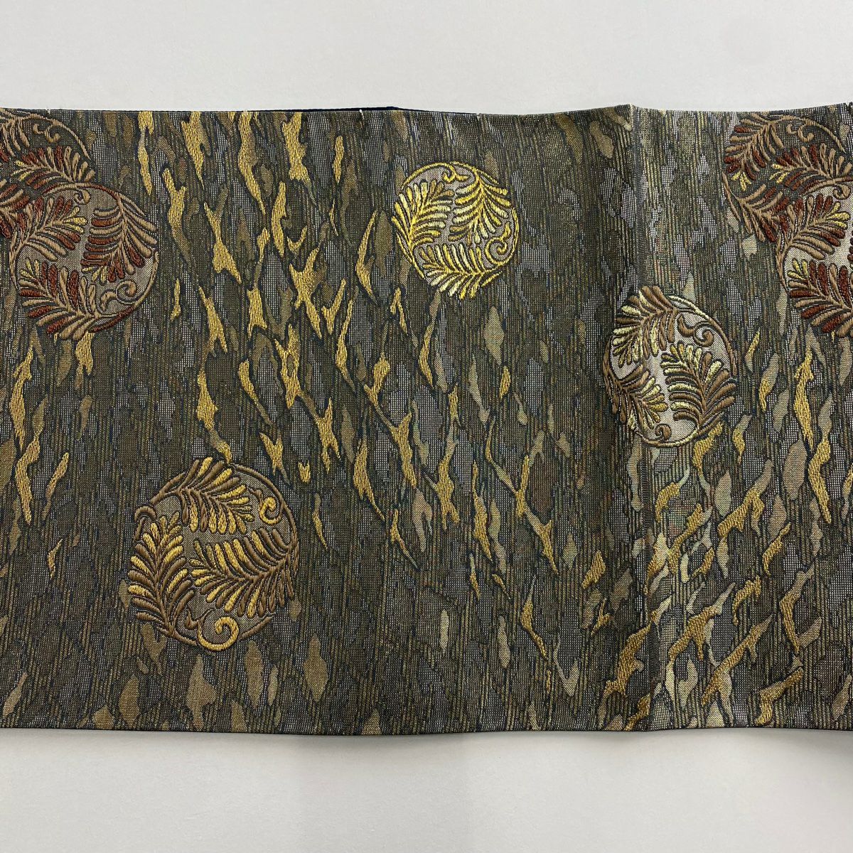 【美品】 袋帶 名品級 若松樹 霞 金絲 金金箔 青灰 六通 純蠶絲
