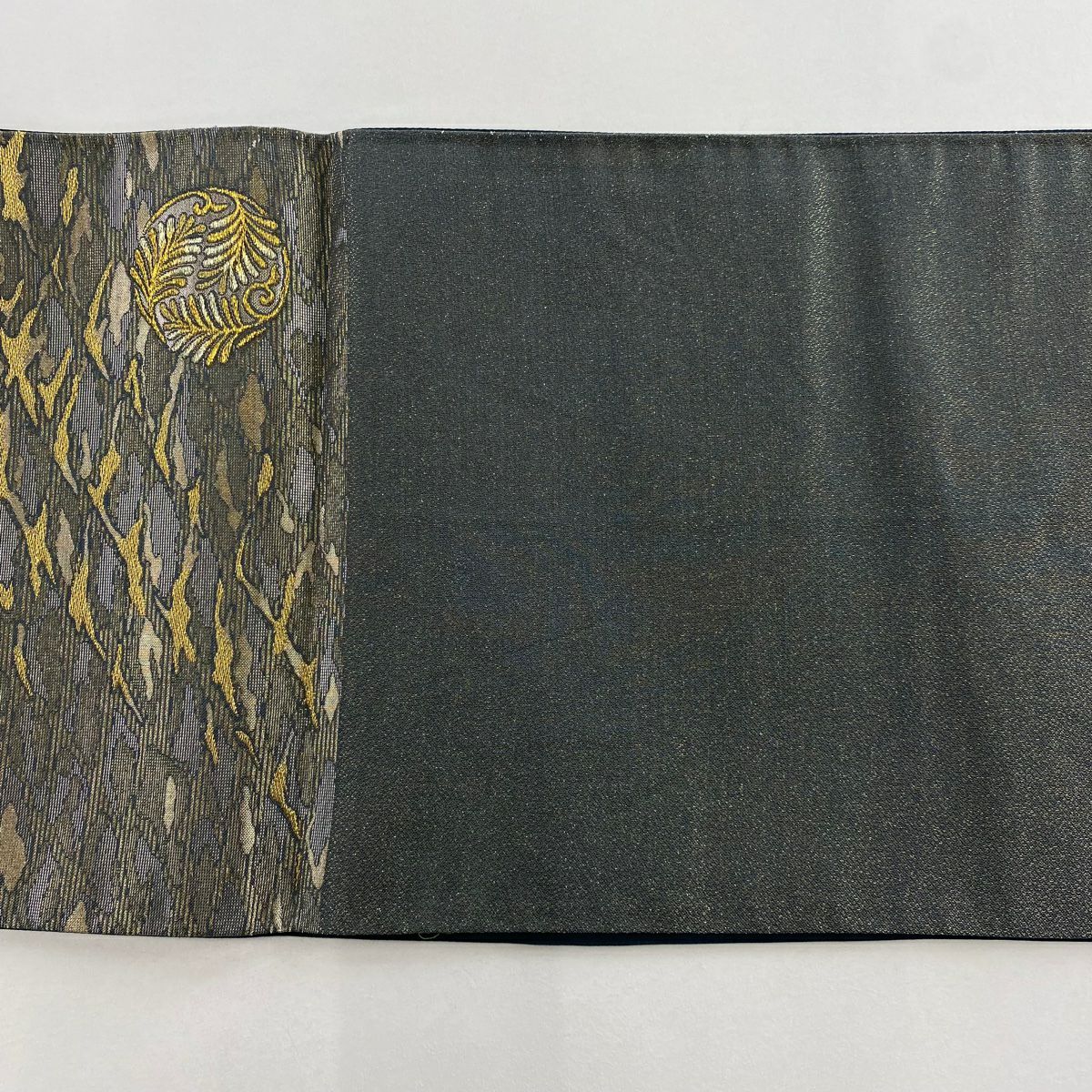 【美品】 袋帶 名品級 若松樹 霞 金絲 金金箔 青灰 六通 純蠶絲