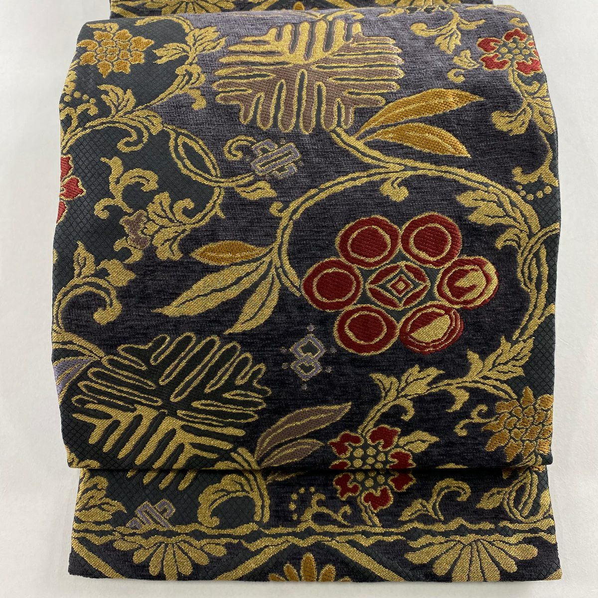 【美品】 袋帶 名品級 花唐草紋 幾何學 金絲 金金箔 墨 六通 純蠶絲