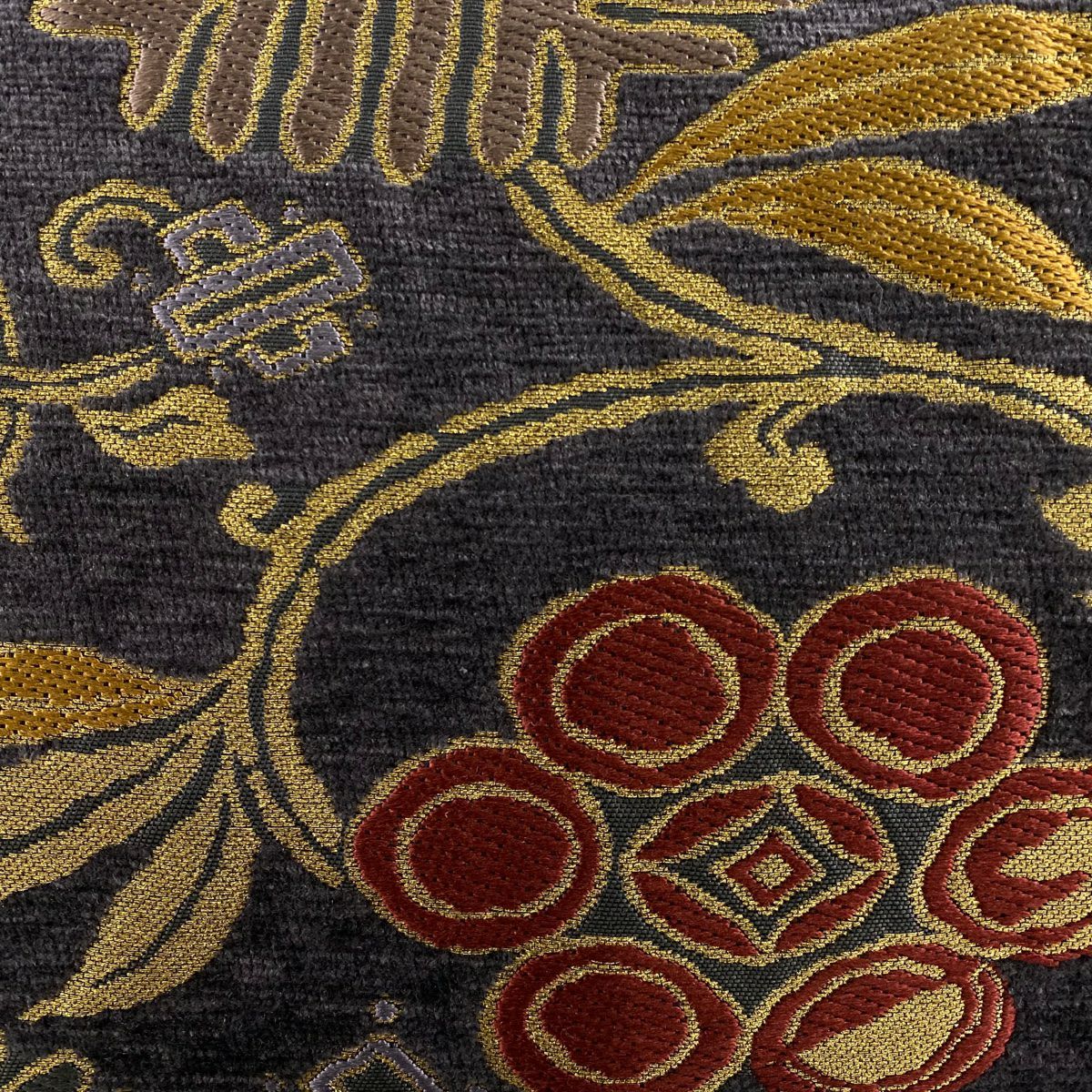 【美品】 袋帶 名品級 花唐草紋 幾何學 金絲 金金箔 墨 六通 純蠶絲