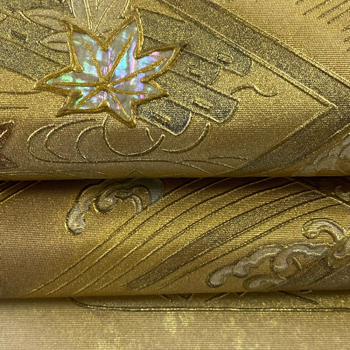 袋帶 名品級 蜀江華紋 菊花花 金銀彩 螺鈿 金色 大鼓圖案 純蠶絲