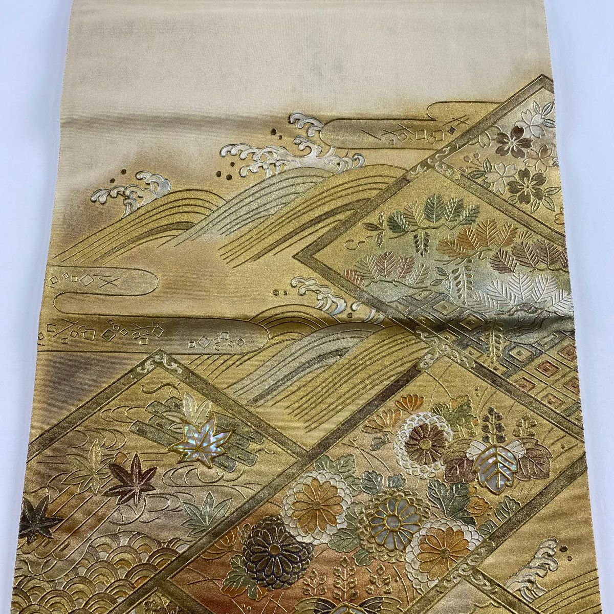 袋帶 名品級 蜀江華紋 菊花花 金銀彩 螺鈿 金色 大鼓圖案 純蠶絲