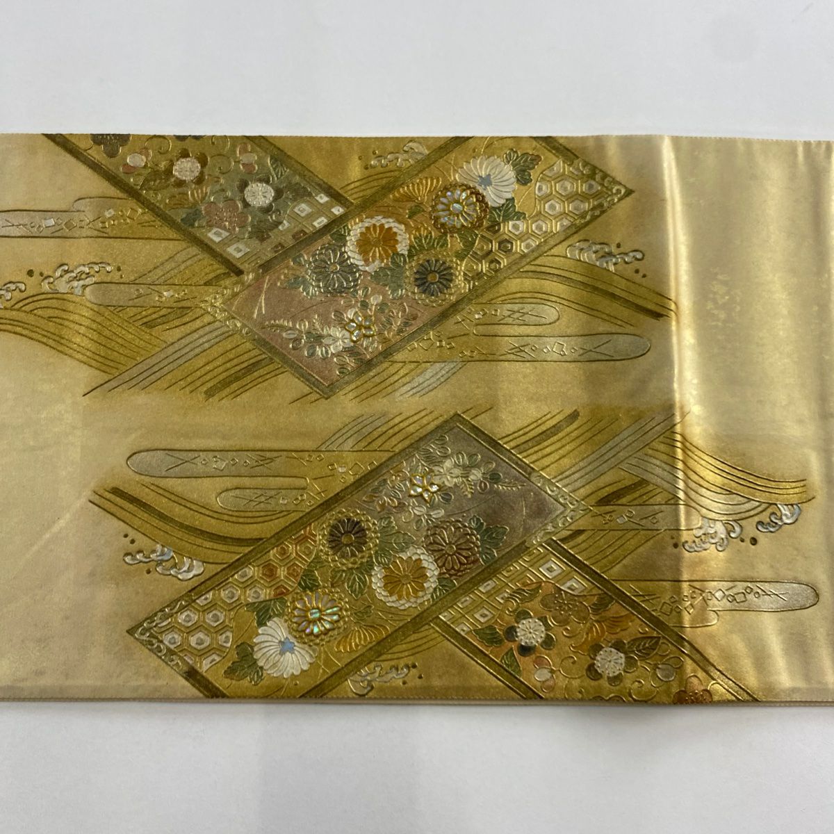 袋帶 名品級 蜀江華紋 菊花花 金銀彩 螺鈿 金色 大鼓圖案 純蠶絲