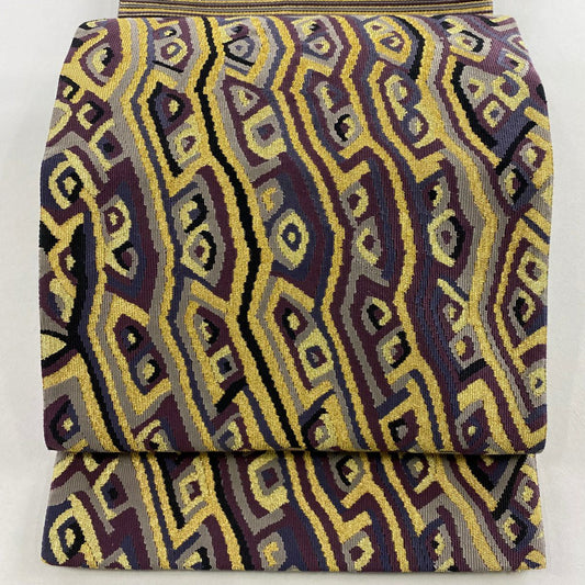 【美品】 袋帶 名品級 幾何學 縞紋 金絲 灰紫色 大鼓圖案 純蠶絲