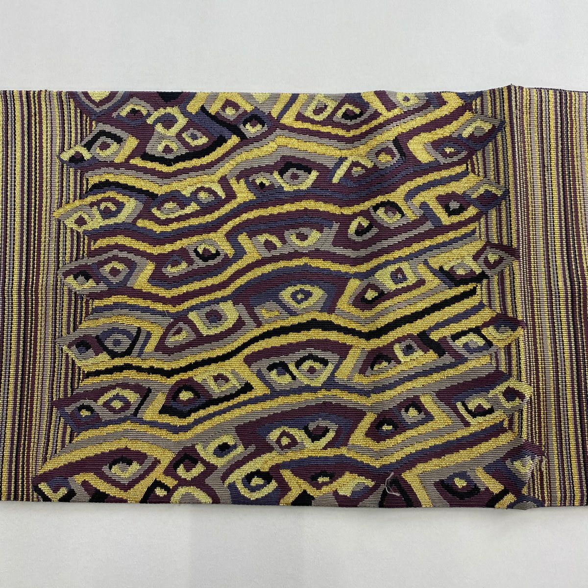 【美品】 袋帶 名品級 幾何學 縞紋 金絲 灰紫色 大鼓圖案 純蠶絲
