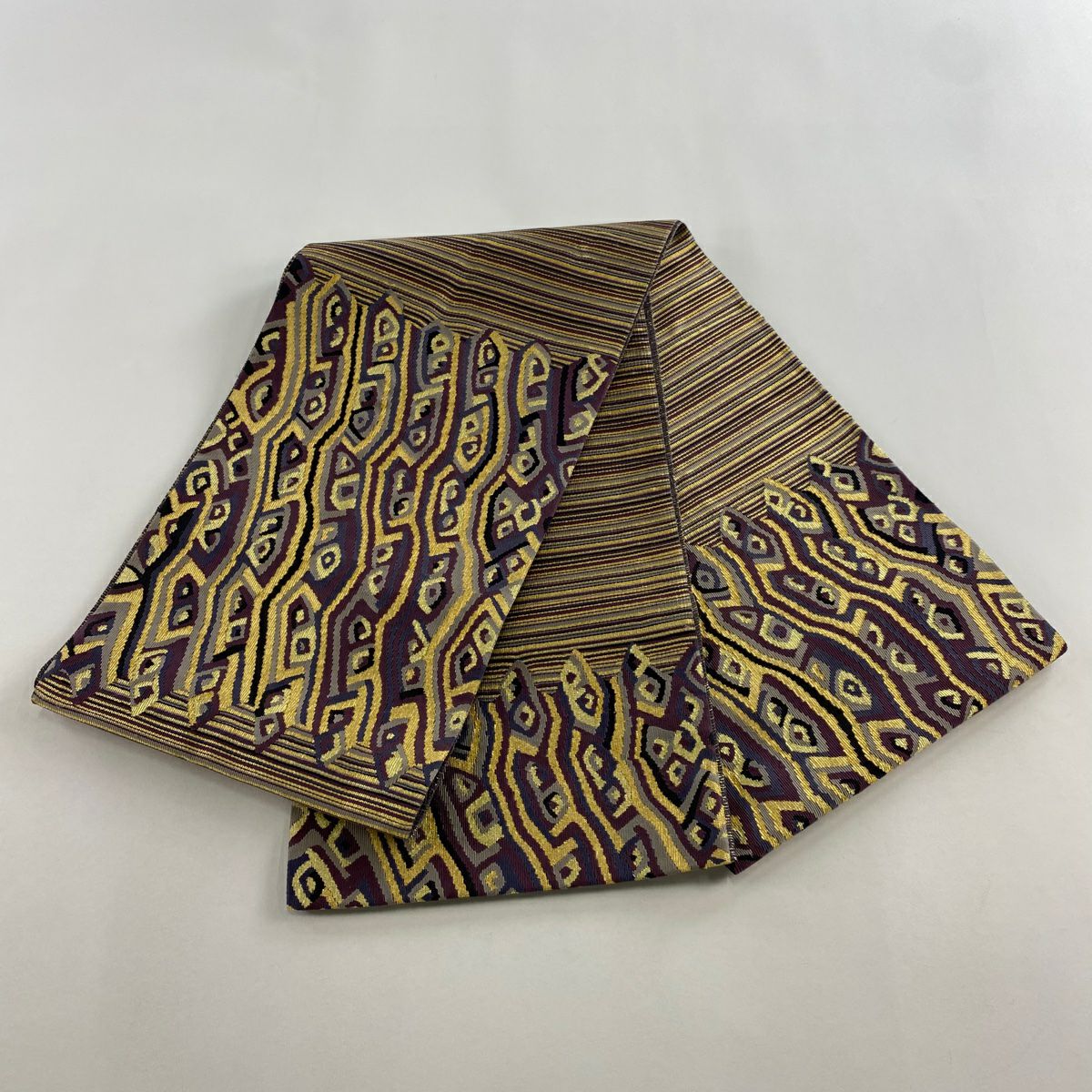 【美品】 袋帶 名品級 幾何學 縞紋 金絲 灰紫色 大鼓圖案 純蠶絲