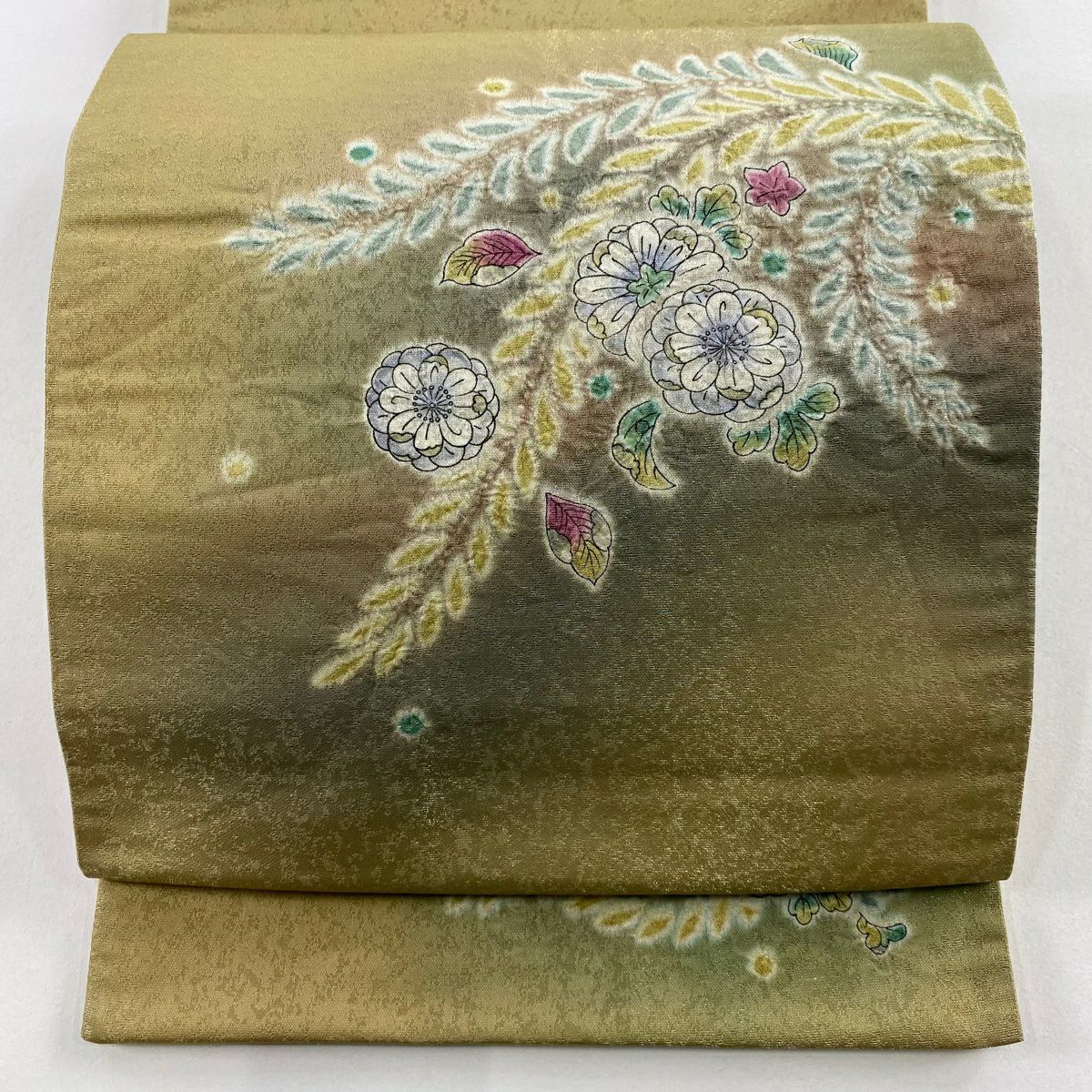 【美品】 袋帶 名品級 附落款 辻花染圖案 銀線 米色 大鼓圖案 純蠶絲