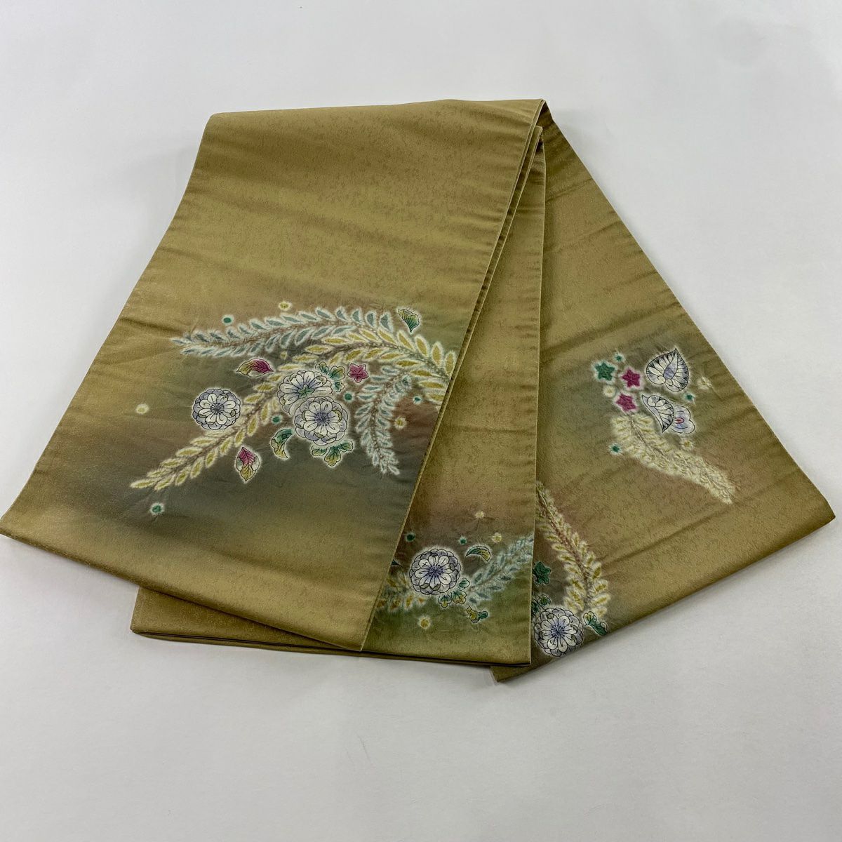 【美品】 袋帶 名品級 附落款 辻花染圖案 銀線 米色 大鼓圖案 純蠶絲
