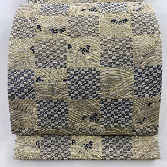 【美品】 袋帶 名品級 市松樹 波 金金箔 奶油 全通 純蠶絲