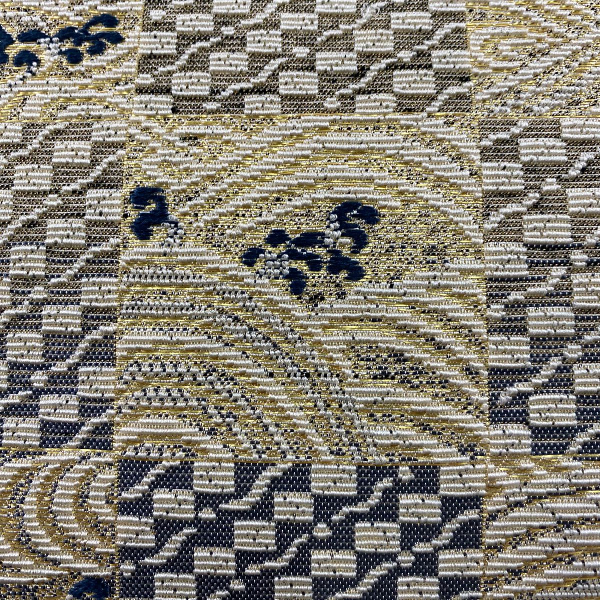 【美品】 袋帶 名品級 市松樹 波 金金箔 奶油 全通 純蠶絲