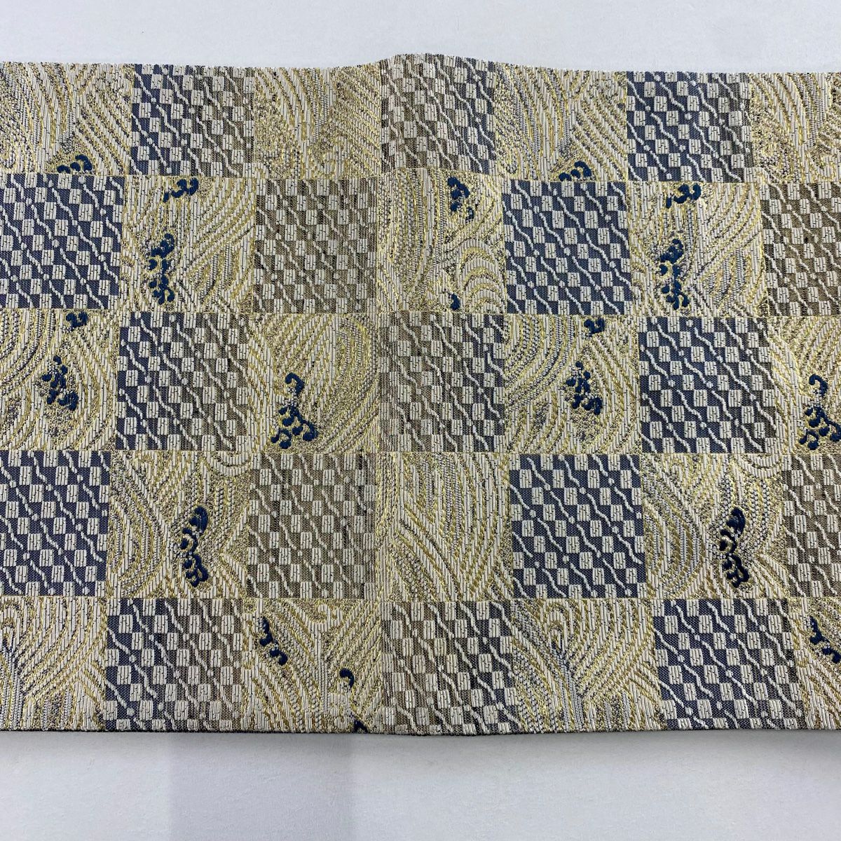 【美品】 袋帶 名品級 市松樹 波 金金箔 奶油 全通 純蠶絲