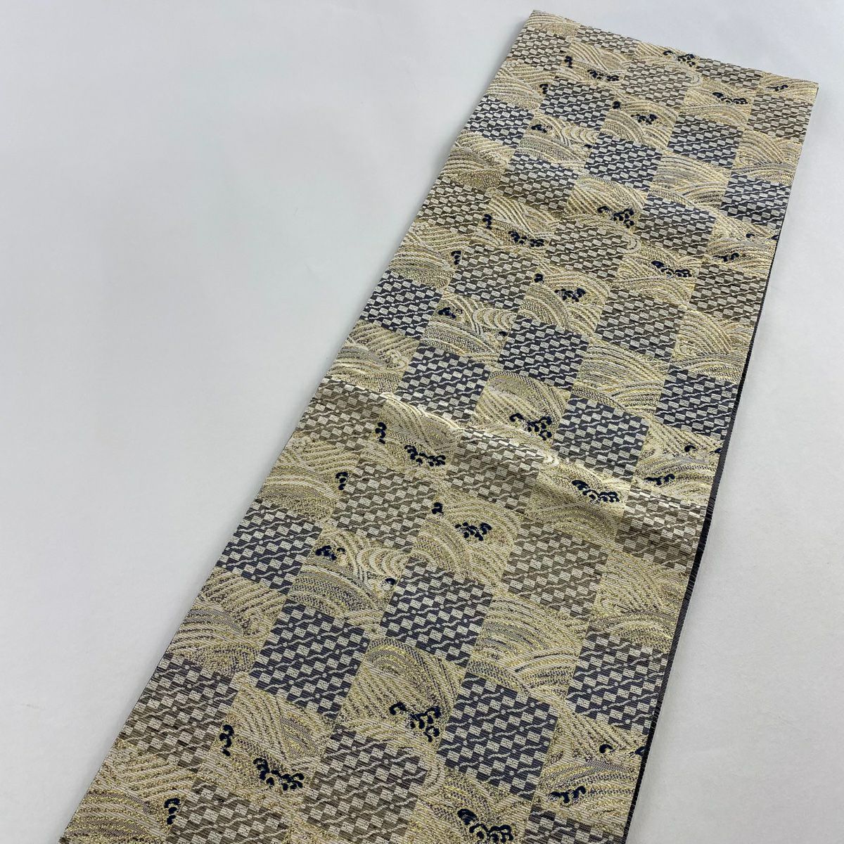 【美品】 袋帶 名品級 市松樹 波 金金箔 奶油 全通 純蠶絲