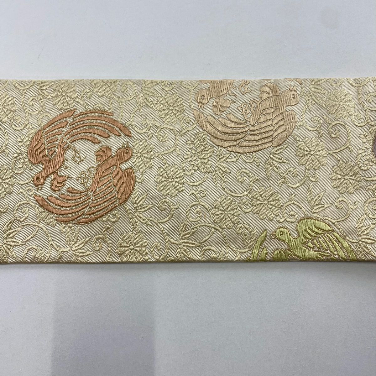 名古屋帶 名品級 關西仕立 向鳥 花唐草紋 金絲 米色 純蠶絲