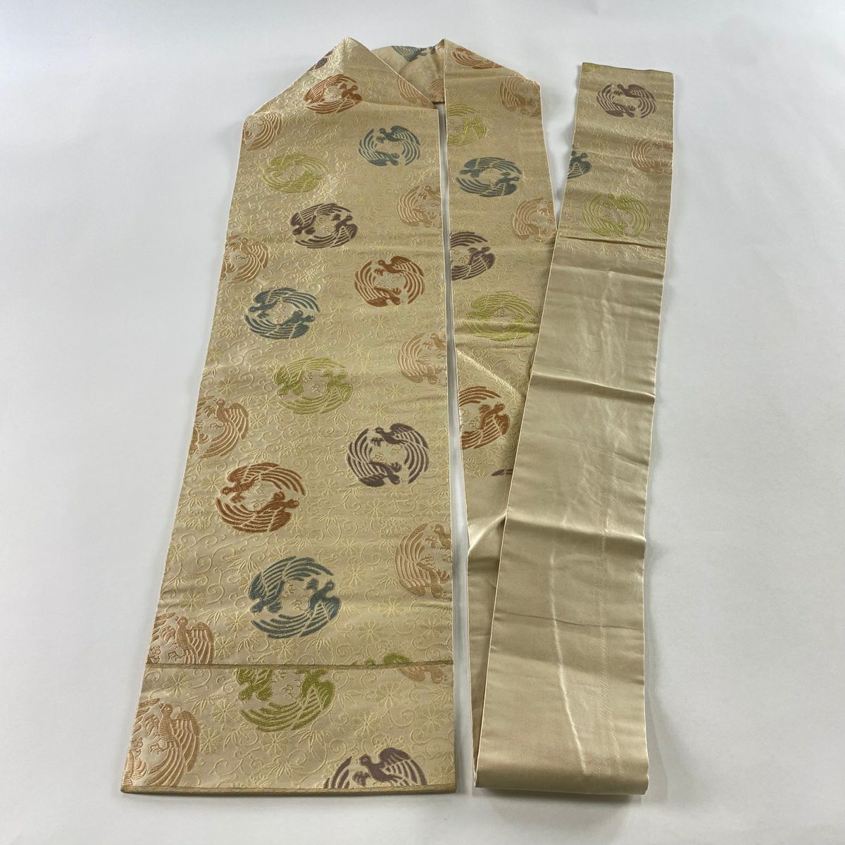 名古屋帶 名品級 關西仕立 向鳥 花唐草紋 金絲 米色 純蠶絲
