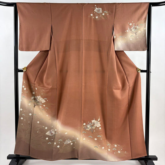 訪問服 身長158cm 袖長63.5cm S 雙層 扇子 草花紋 金絲 金銀彩 紅茶 純蠶絲 秀品級