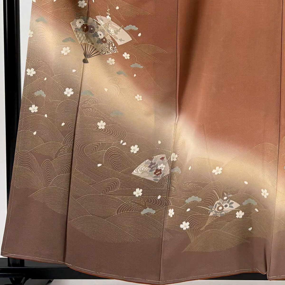 訪問服 身長158cm 袖長63.5cm S 雙層 扇子 草花紋 金絲 金銀彩 紅茶 純蠶絲 秀品級