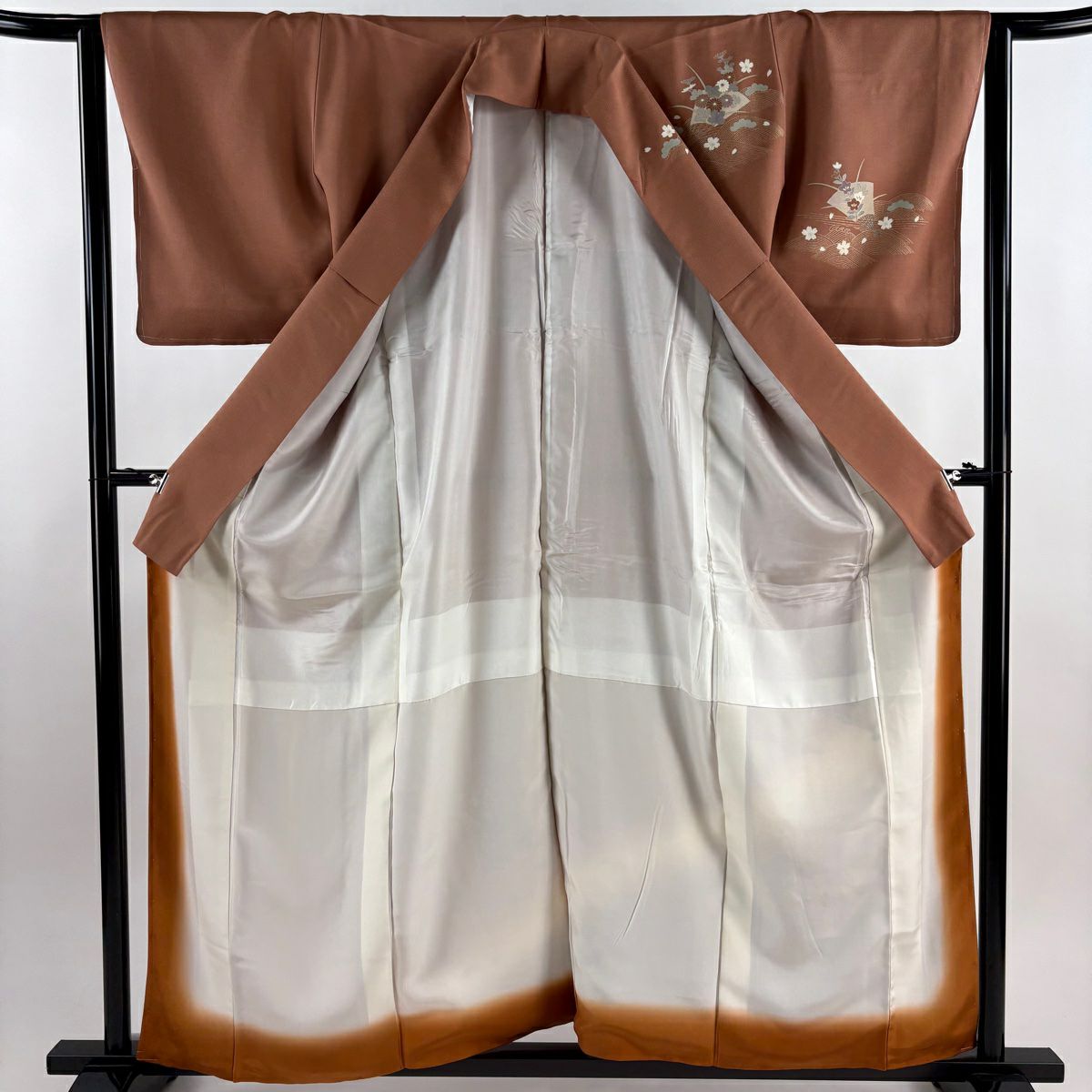 訪問服 身長158cm 袖長63.5cm S 雙層 扇子 草花紋 金絲 金銀彩 紅茶 純蠶絲 秀品級