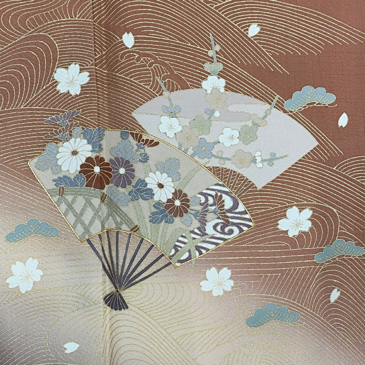 訪問服 身長158cm 袖長63.5cm S 雙層 扇子 草花紋 金絲 金銀彩 紅茶 純蠶絲 秀品級
