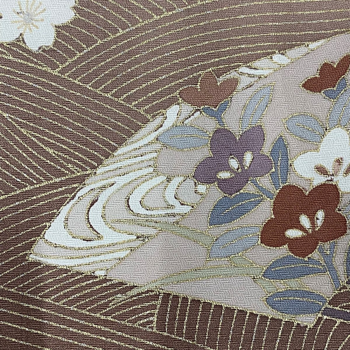 訪問服 身長158cm 袖長63.5cm S 雙層 扇子 草花紋 金絲 金銀彩 紅茶 純蠶絲 秀品級