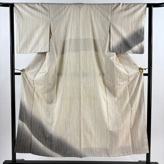 【美品】 付下 身長151.5cm 袖長62cm S 雙層 紬織織 鈕衿 縱條 露芝 米色 純蠶絲 優品級