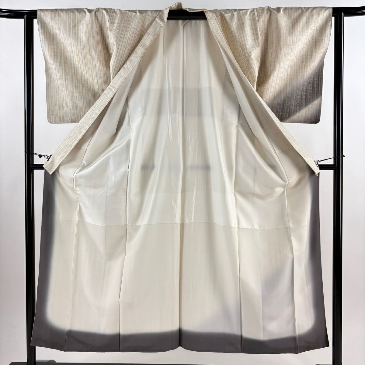 【美品】 付下 身長151.5cm 袖長62cm S 雙層 紬織織 鈕衿 縱條 露芝 米色 純蠶絲 優品級