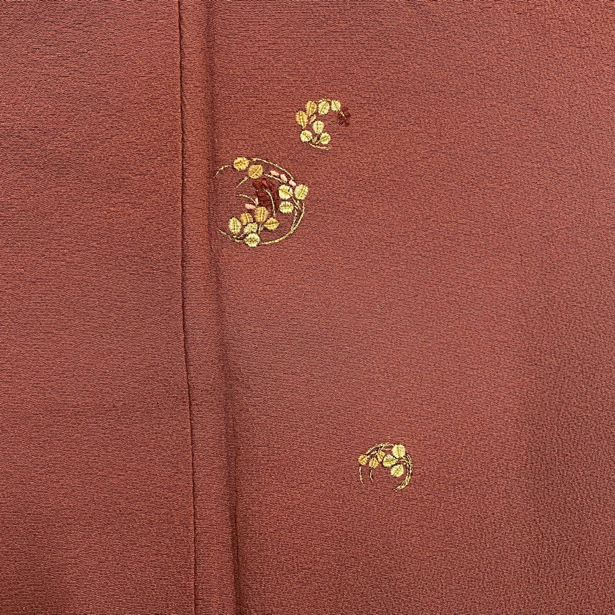 付下 身長151cm 袖長62.5cm S 雙層 花丸紋 金絲 刺繡 紅茶 純蠶絲 秀品級 一個紋