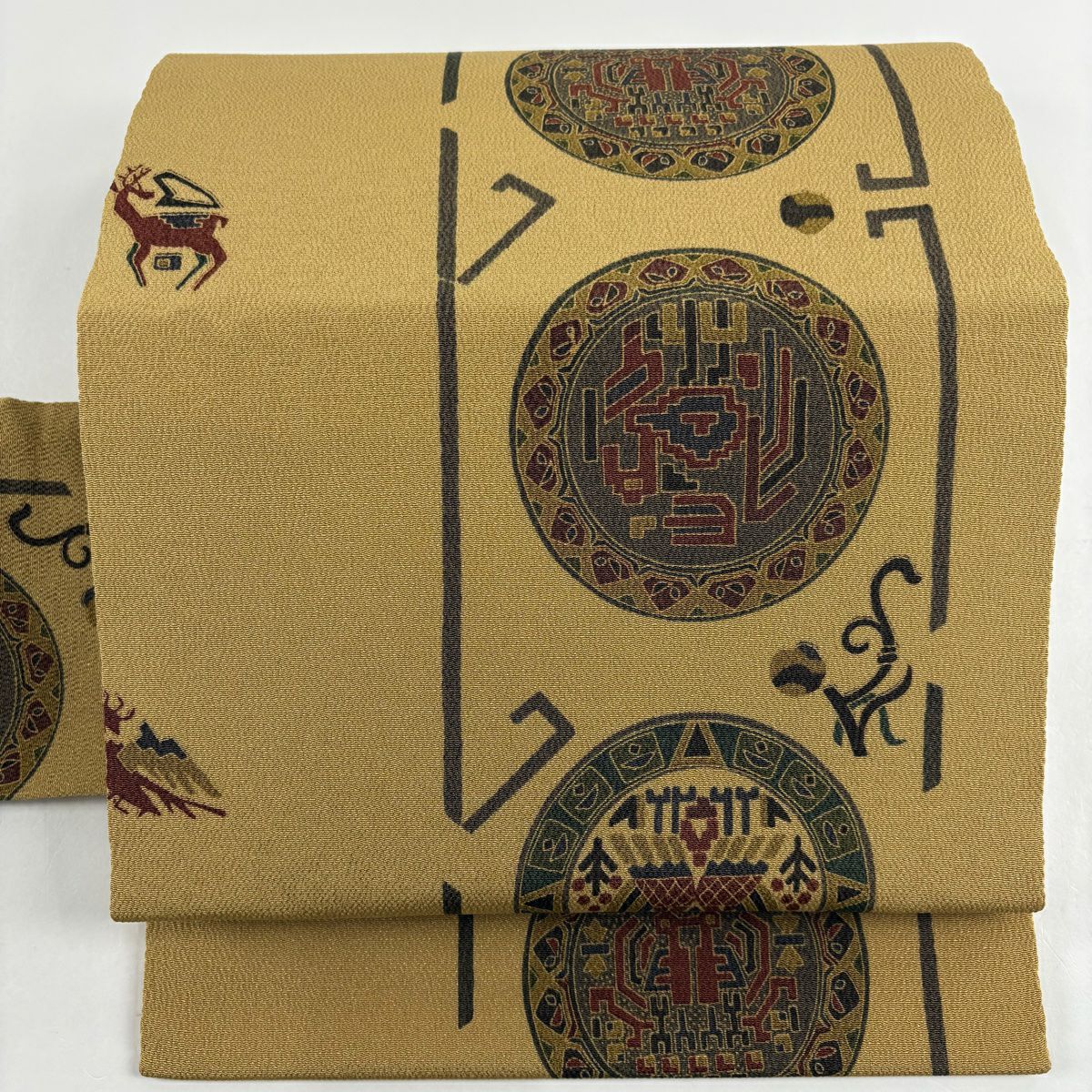 【美品】名古屋帶 秀品級 圓文 動物 絞織 淡黃土 純蠶絲