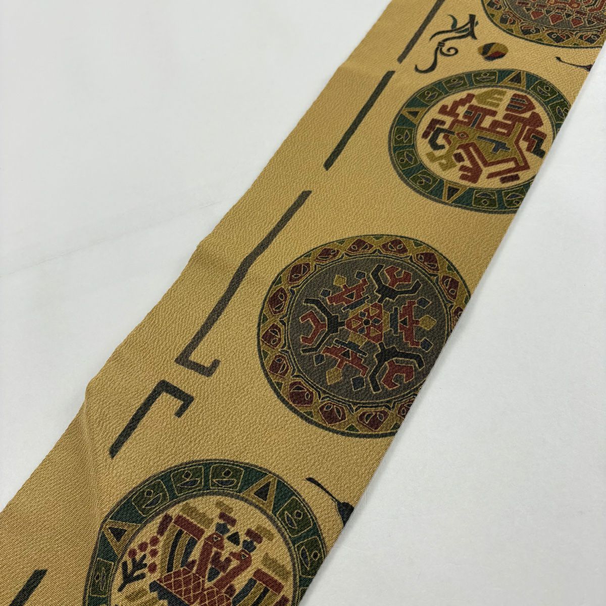 【美品】名古屋帶 秀品級 圓文 動物 絞織 淡黃土 純蠶絲