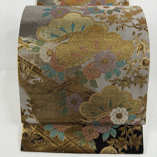 袋帶 秀品級 松樹 草花紋 金糸 金金箔 灰 深藍 六通 純蠶絲