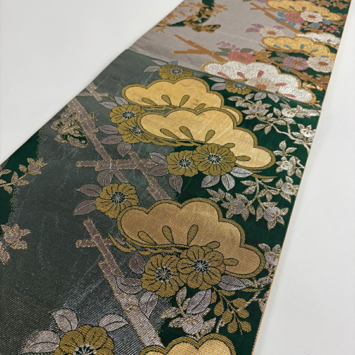 袋帶 秀品級 松樹 草花紋 金糸 金金箔 灰 深藍 六通 純蠶絲