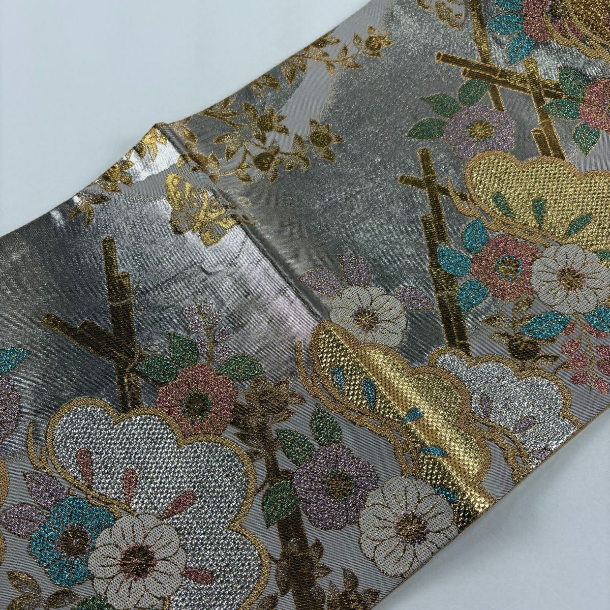 袋帶 秀品級 松樹 草花紋 金糸 金金箔 灰 深藍 六通 純蠶絲