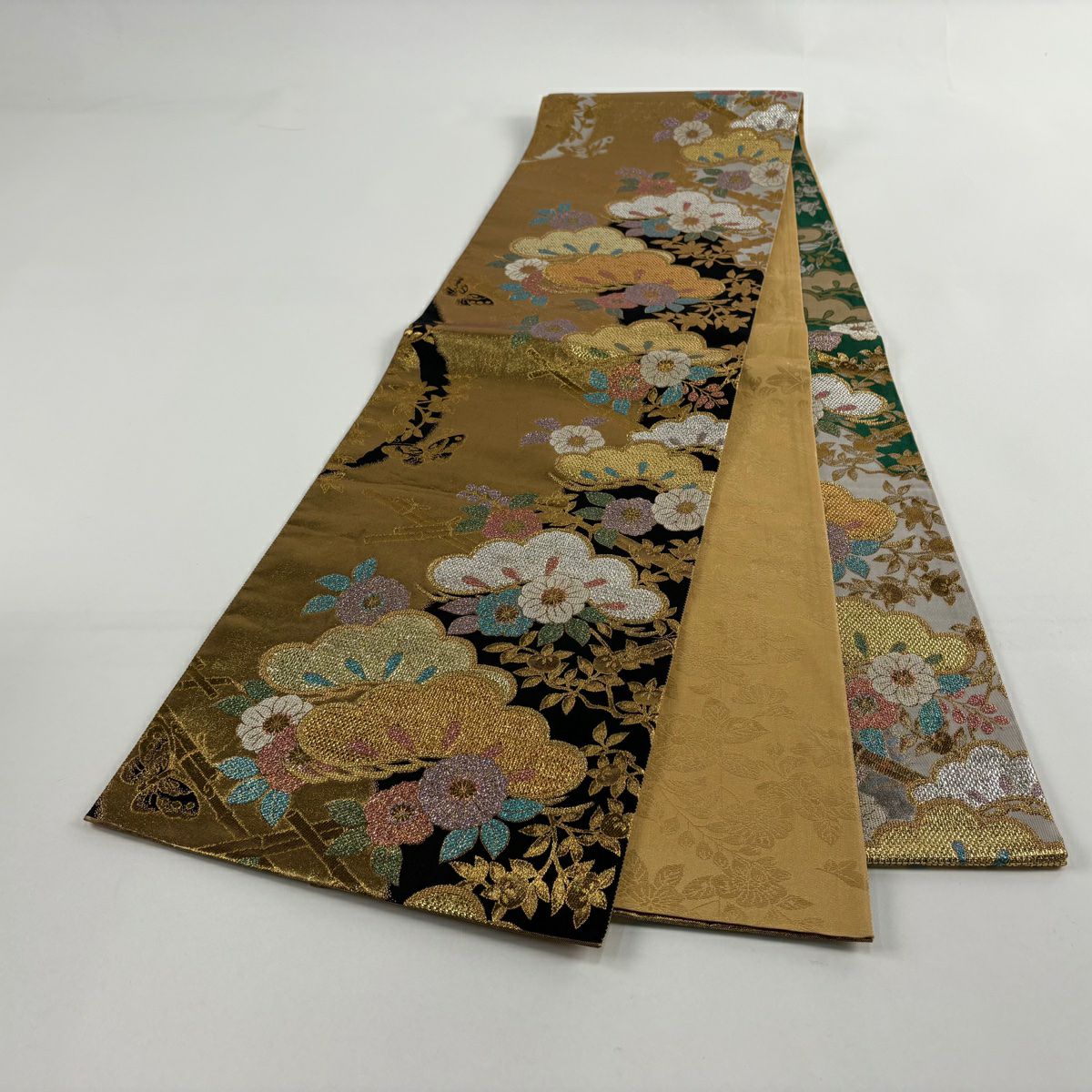 袋帶 秀品級 松樹 草花紋 金糸 金金箔 灰 深藍 六通 純蠶絲