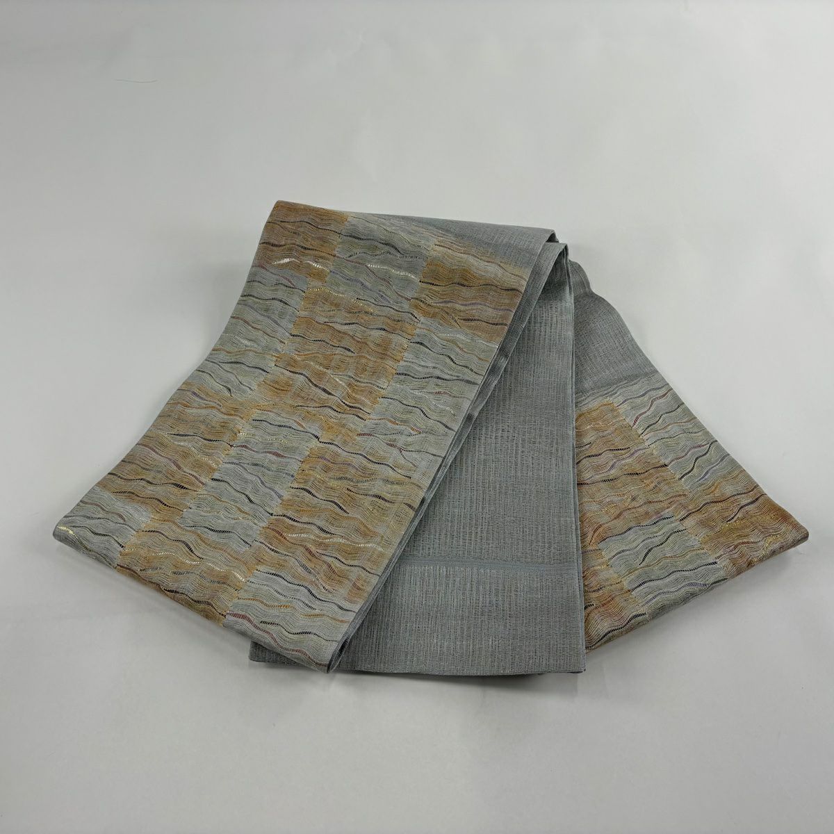 【美品】 袋帶 秀品級 夏帶 波 金金箔 金絲 青灰 純蠶絲 お太鼓柄