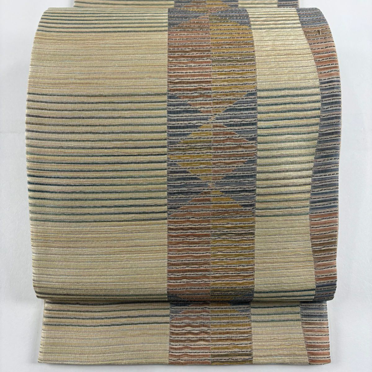 【美品】 袋帶 秀品級 條紋 幾何圖案 金絲 米色 六通 純蠶絲