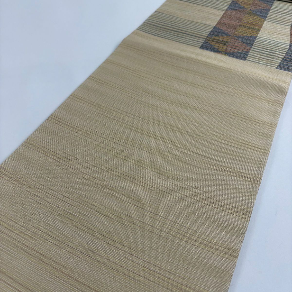【美品】 袋帶 秀品級 條紋 幾何圖案 金絲 米色 六通 純蠶絲