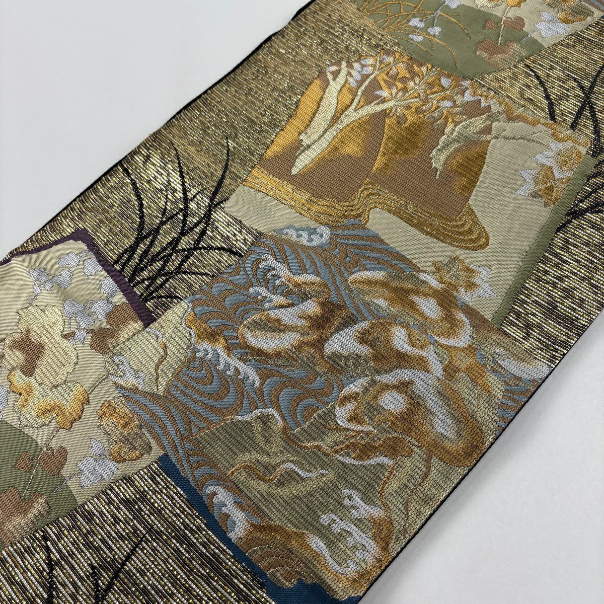 【美品】 袋帶 秀品級 破れ色紙 松樹 金絲 金金箔 金色 六通 純蠶絲