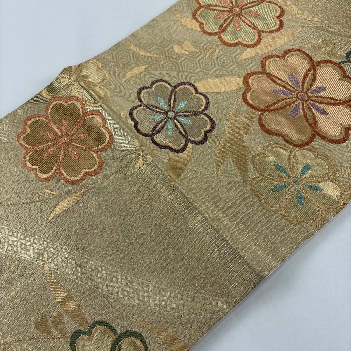 袋帶 秀品級 櫻花 有職紋樣 金絲 金金箔 金色 六通 純蠶絲